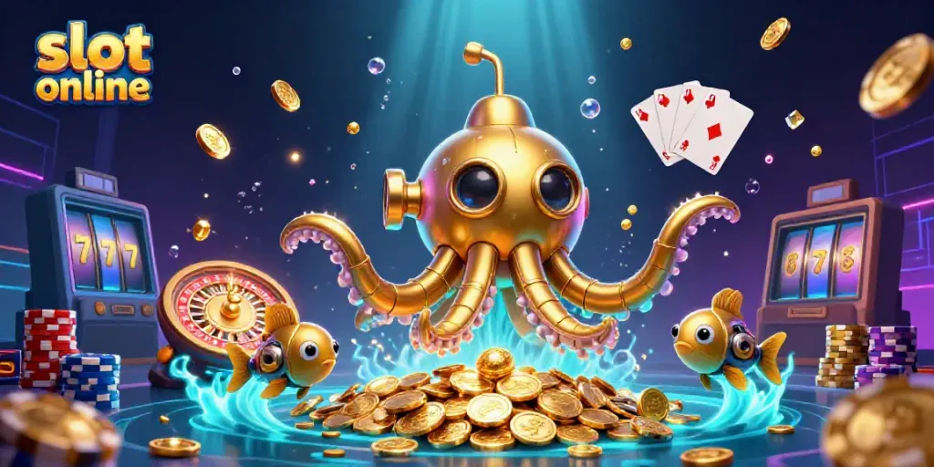Experience thrilling action with slot online in this vibrant 3D casino scene filled with gold coins and games.
