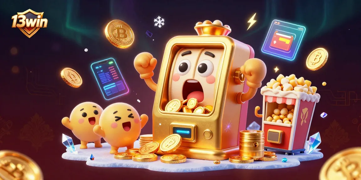 Experience the excitement of 13win as a golden slot machine scores big and coins overflow.