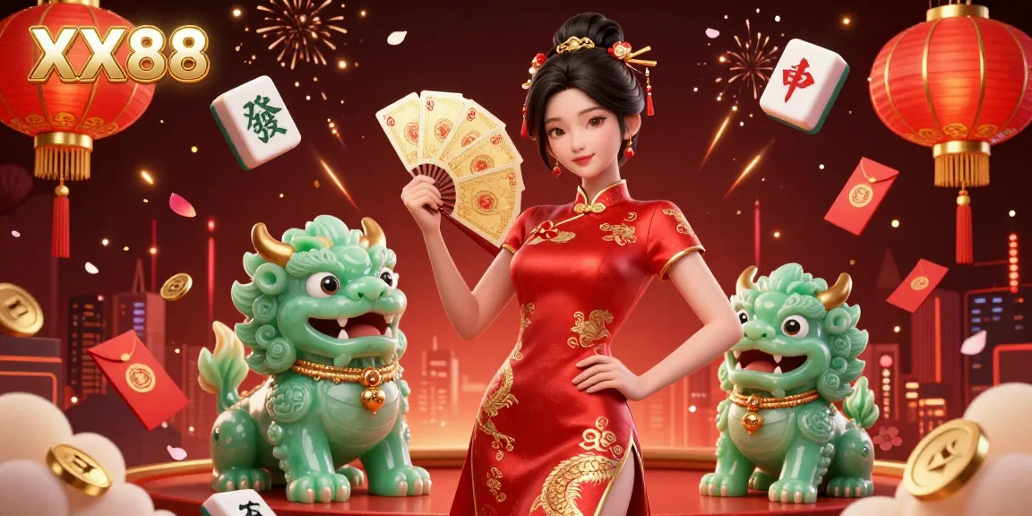 Experience the thrill of XX88 with a vibrant 3D casino scene featuring a woman in a qipao and lucky symbols.