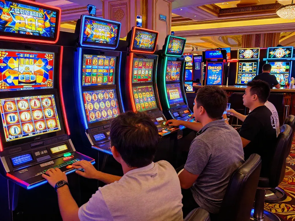 Exciting slot jackpot gaming atmosphere with diverse players celebrating wins in a vibrant casino.