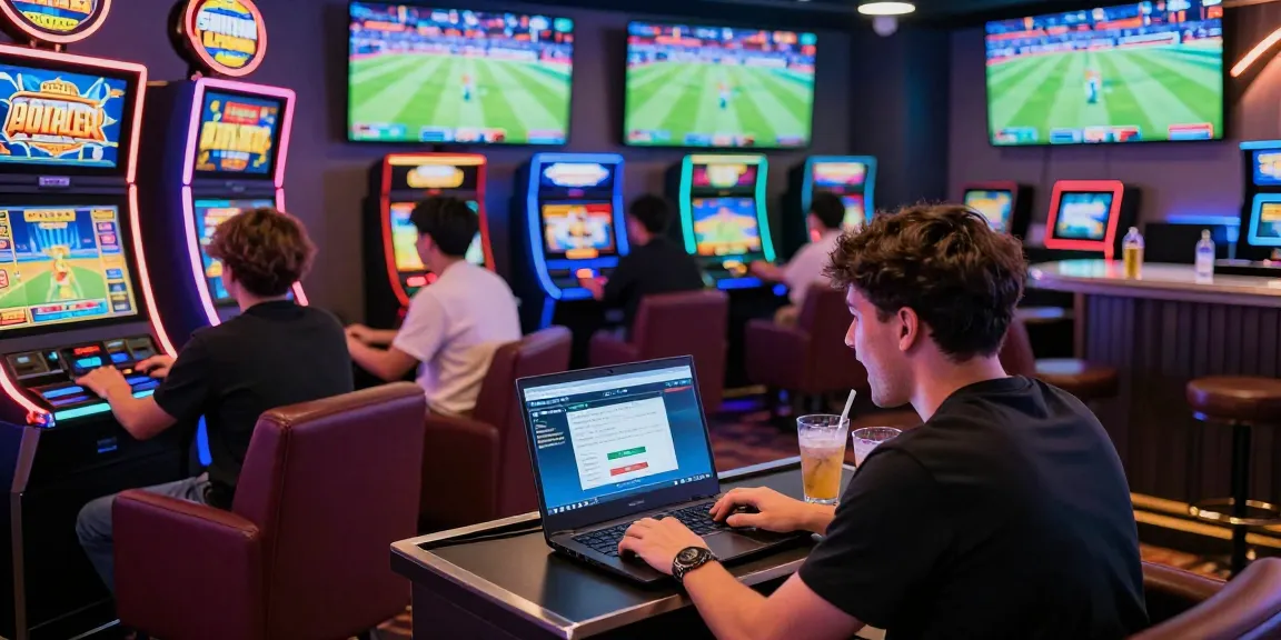 Players enjoying online gaming and making a Withdraw Bola88 in a modern lively atmosphere with neon lights and screens.