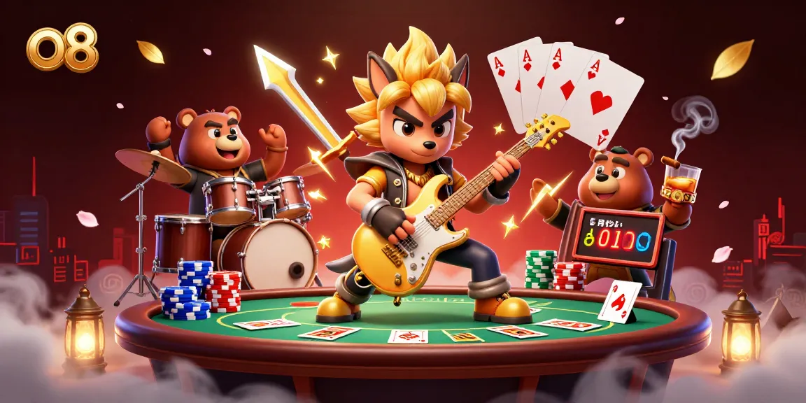 Engage with exciting games at o8 casino, featuring vibrant characters, poker elements, and energetic scenes.