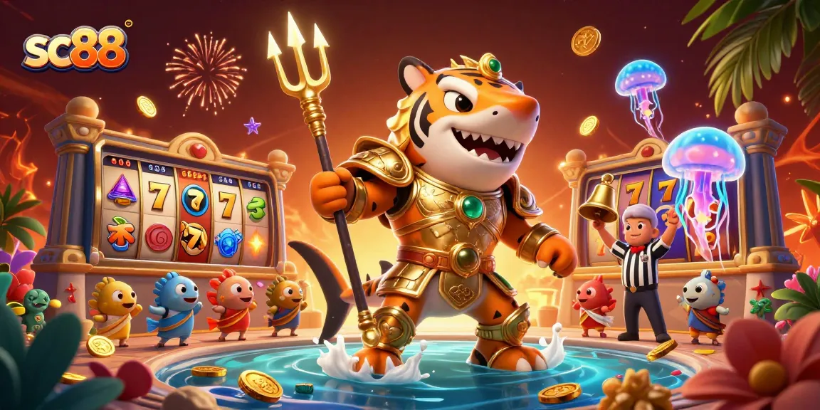 Engage in thrilling gaming action with sc88's vibrant underwater casino scene featuring a shark gladiator and slot elements.
