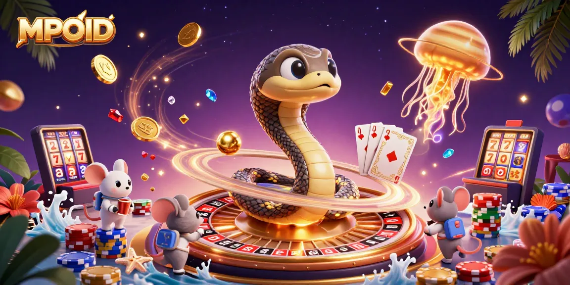 Experience MPOID's thrilling gaming adventures with a dynamic cosmic casino scene featuring astronauts and cosmic characters.