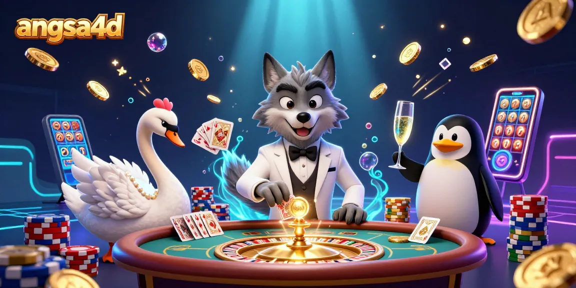 Engage with angsa4d's vibrant casino scene featuring a debonair wolf, elegant swan, and penguin sommelier amidst a flurry of casino glamour.