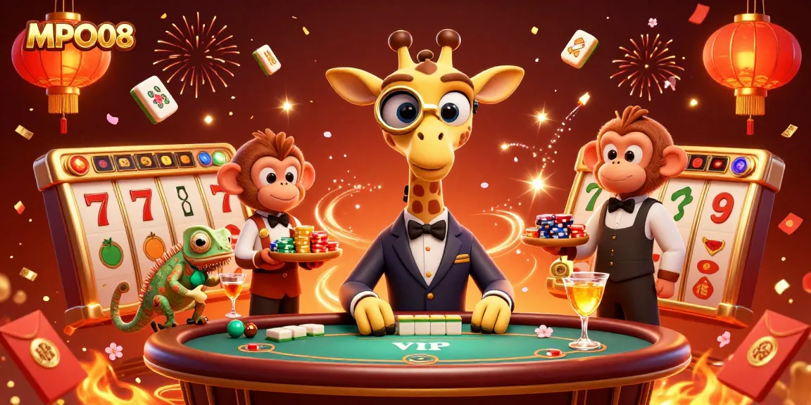 MPO08 offers a vibrant scene of a giraffe at a VIP poker table, highlighting thrilling slots and a lively atmosphere.