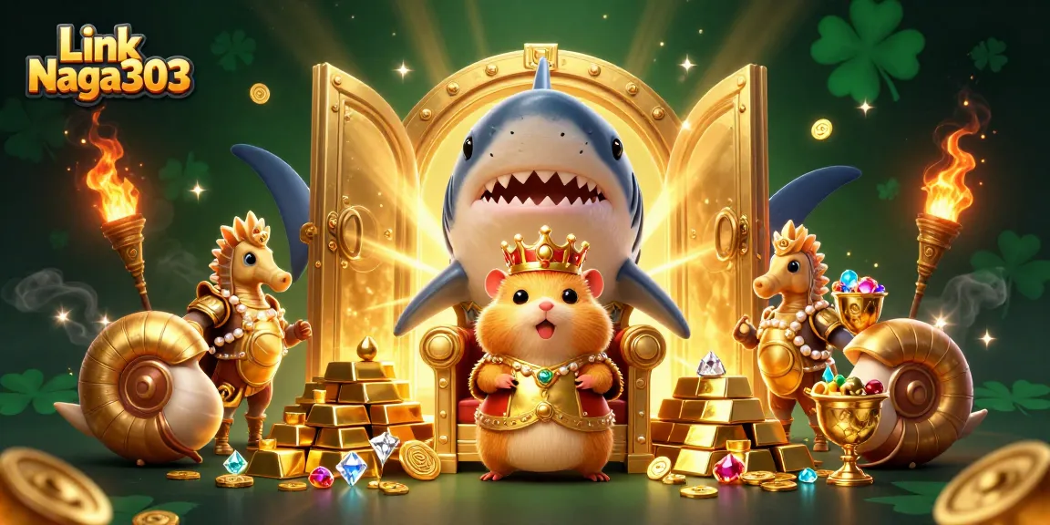 Winning big at Link Naga303 with a golden hamster king surrounded by treasure and casino excitement.