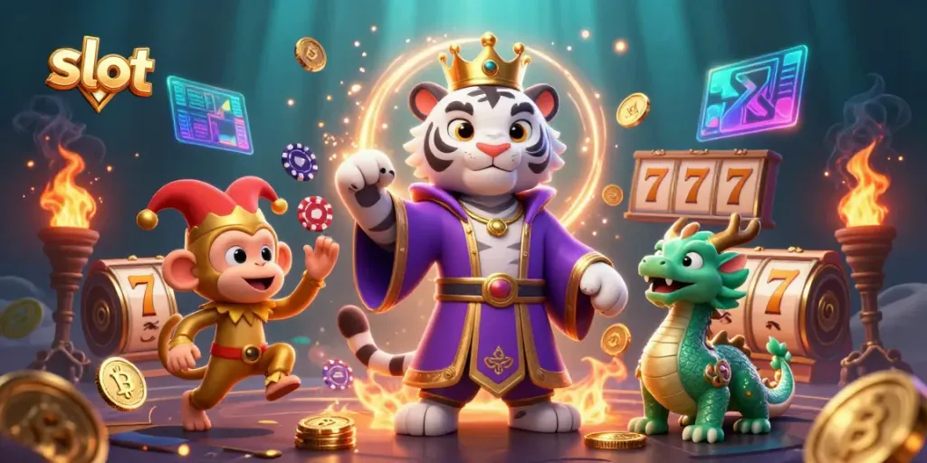 Engage in slot gaming excitement with cartoon characters in vibrant casino scene.