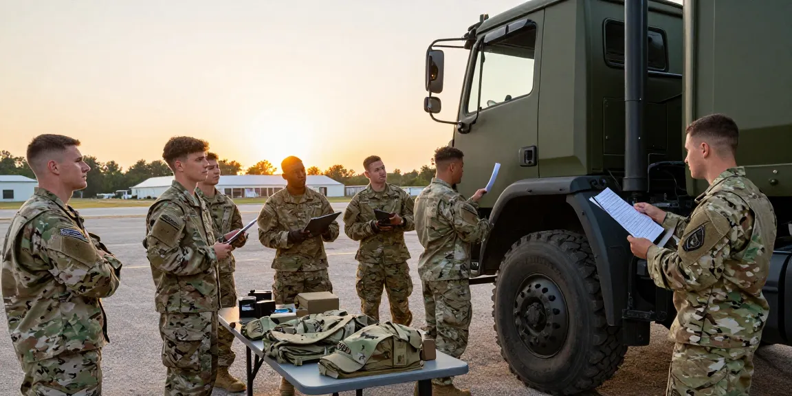 A group of recruits training as motor transport operators in the Army, highlighting vehicle inspection and teamwork at a training facility, showcasing 88m. com logistics in action.