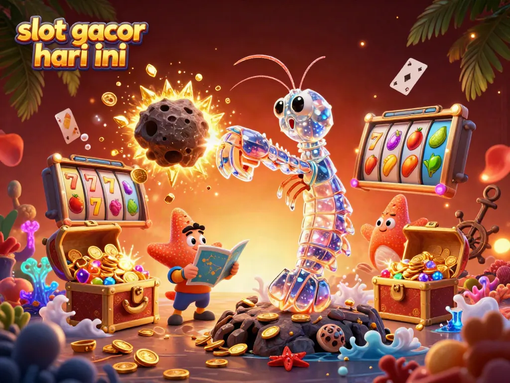 Temukan slot gacor hari ini dengan samurai udang mantis dan harta karun berkilau dalam ilustrasi 3D.
