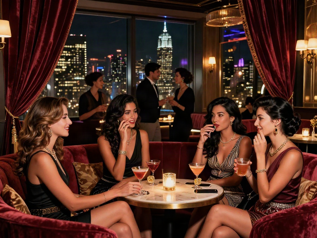 Call girls chatting in an upscale lounge, showcasing elegance and nightlife.