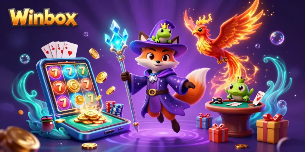 Winbox's wizard fox conjures slot games and poker thrills amid magical adventure.