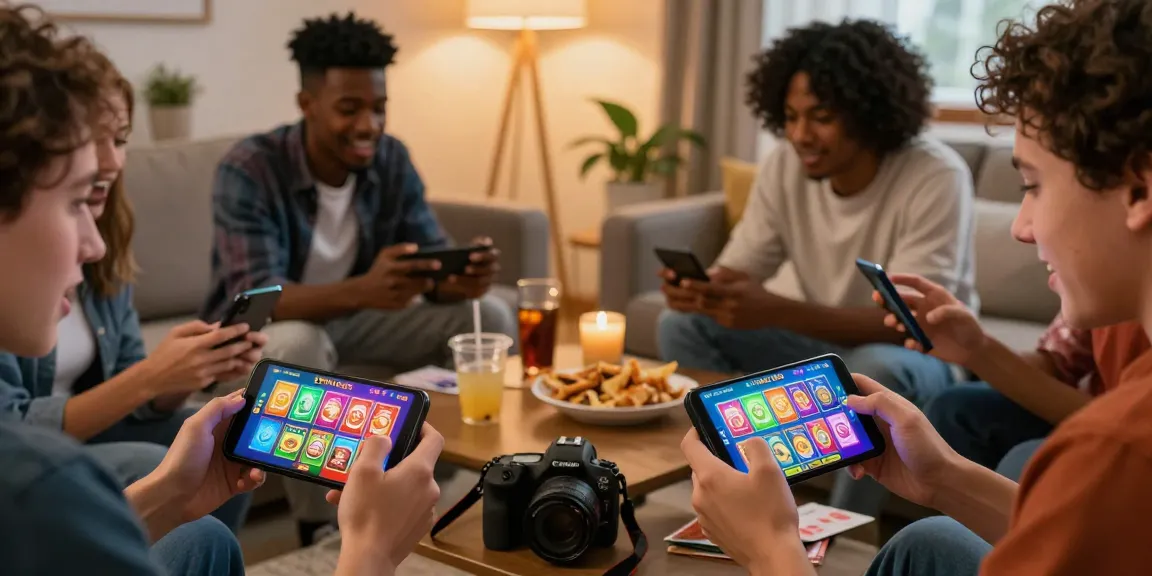 Players enjoying the 3 Patti Blue app on their smartphones, showcasing vibrant game graphics in a lively gaming atmosphere.