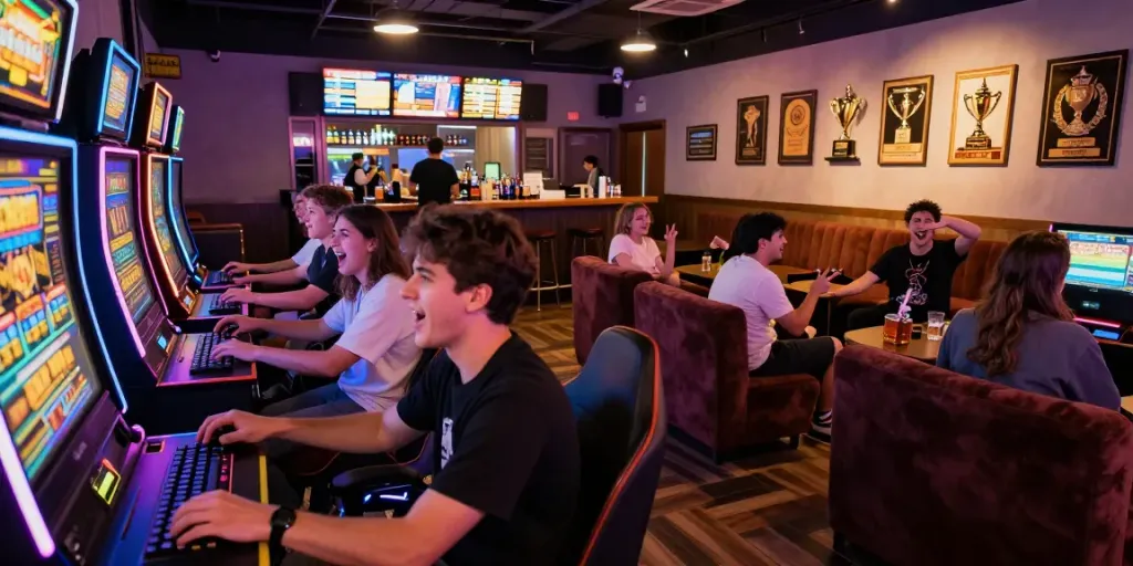 Exciting slot888 gaming lounge with players engaging on vibrant machines.