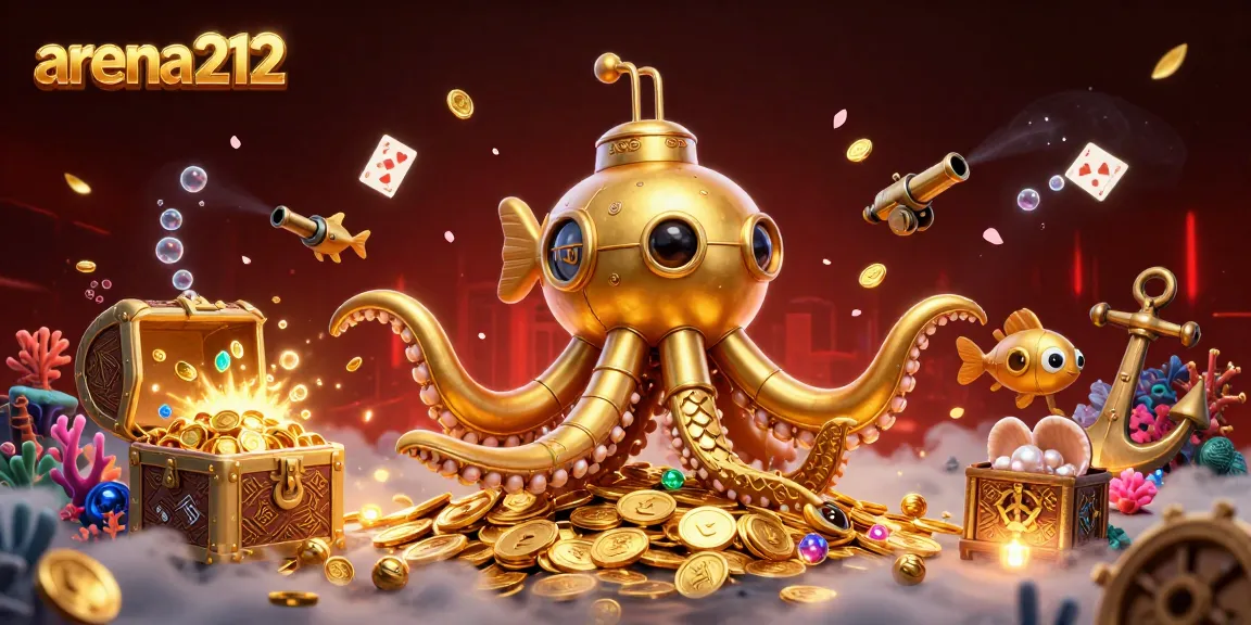 Menangankan di arena212 dengan ilustrasi kraken emas dan harta karun bawah laut yang menarik.