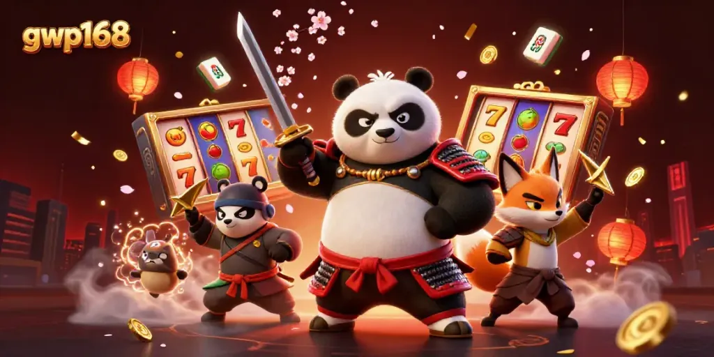 GWP168 menghadirkan pengalaman bermain slot yang mengasyikkan dengan panda samurai dan teman ninja dalam ilustrasi 3D.