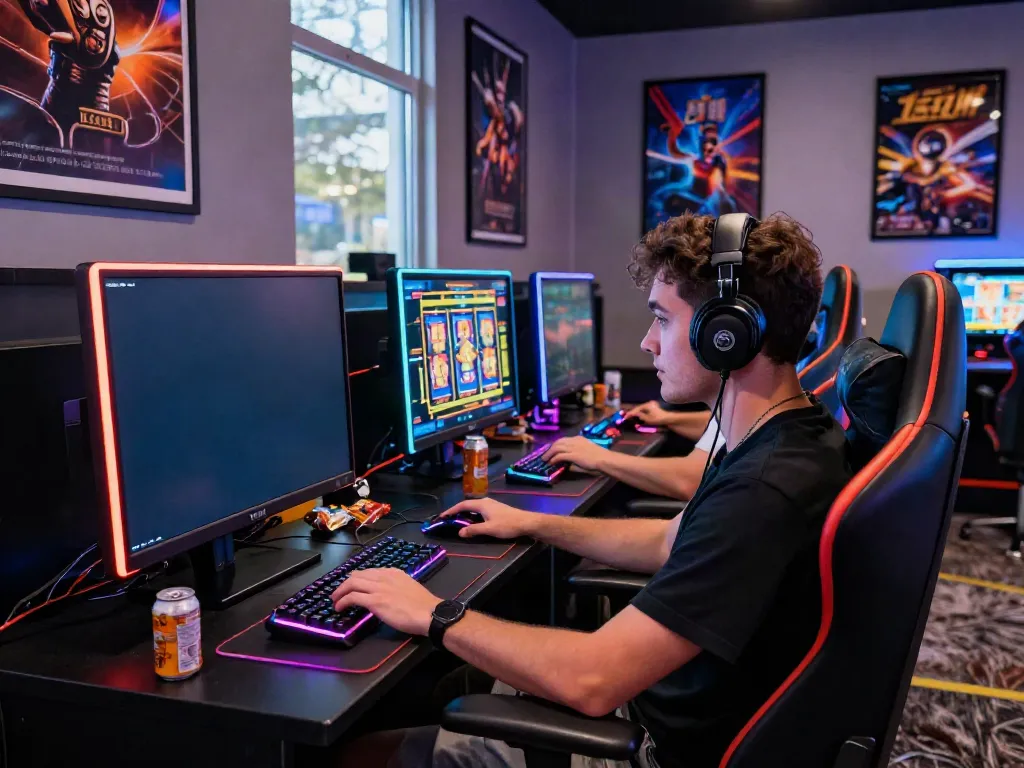 A player enjoying an akunjp gaming session in a vibrant virtual casino atmosphere with LED screens and gaming peripherals.