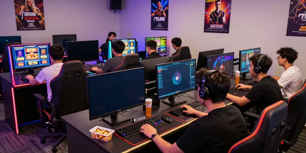 Engaged gamers analyzing luxury111's gyroscopic stability framework in vibrant gaming lounge.