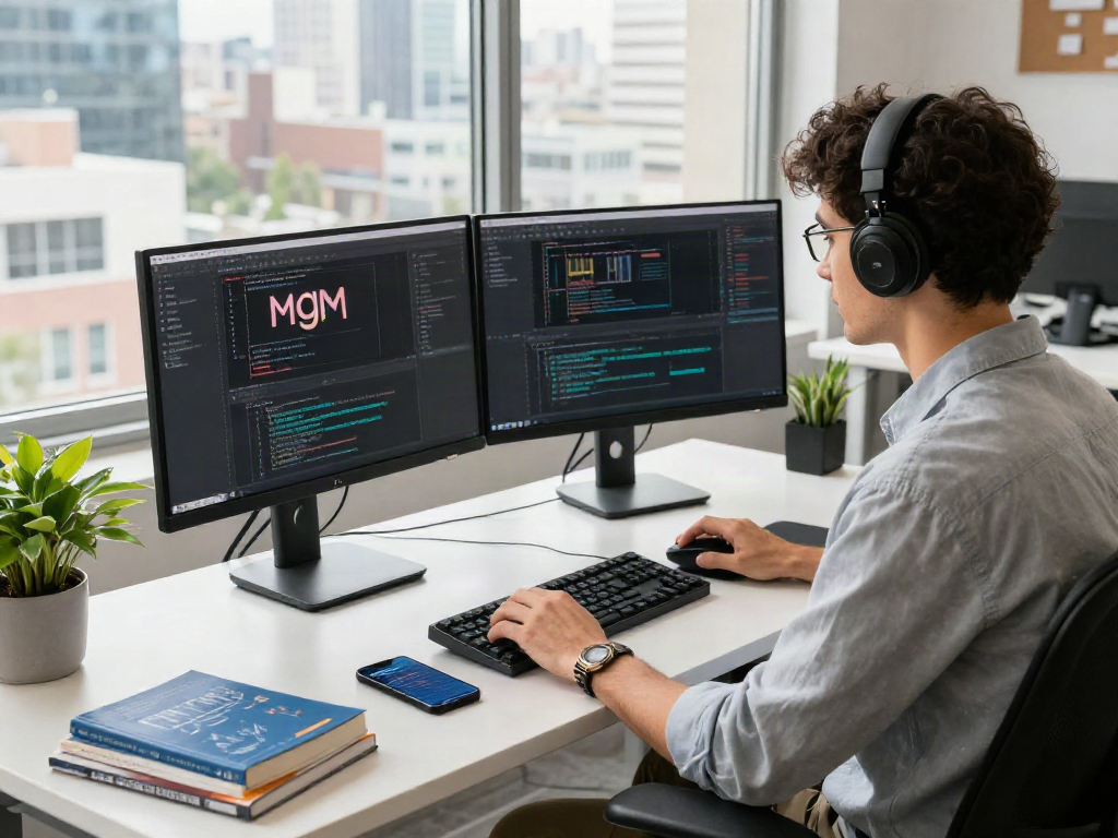 Dynamic coding session on the mgm app in a modern office environment.