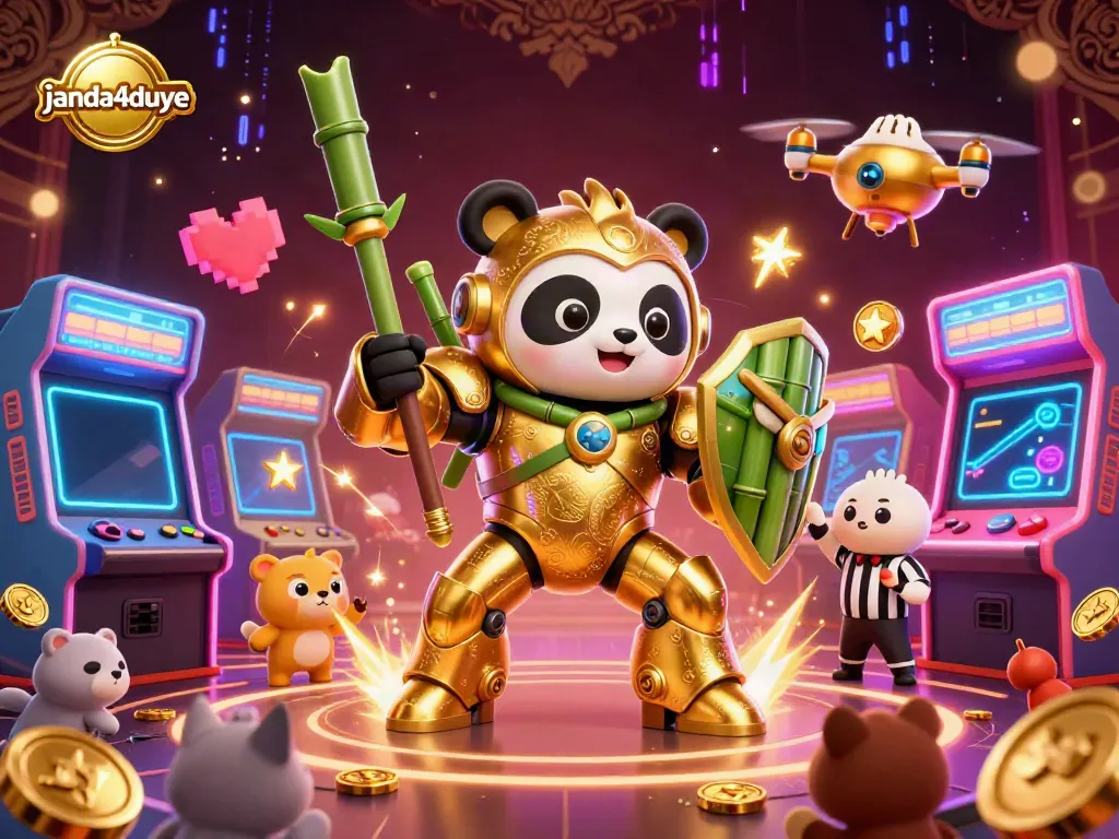 janda4duye menyajikan ilustrasi 3D menakjubkan dari panda emas dalam robot bertema kasino yang menghibur penonton di arena.