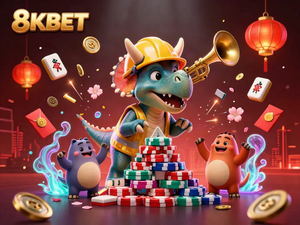 Join the fun at 8KBET with a vibrant scene featuring a triceratops building a poker chip pyramid while celebrating!