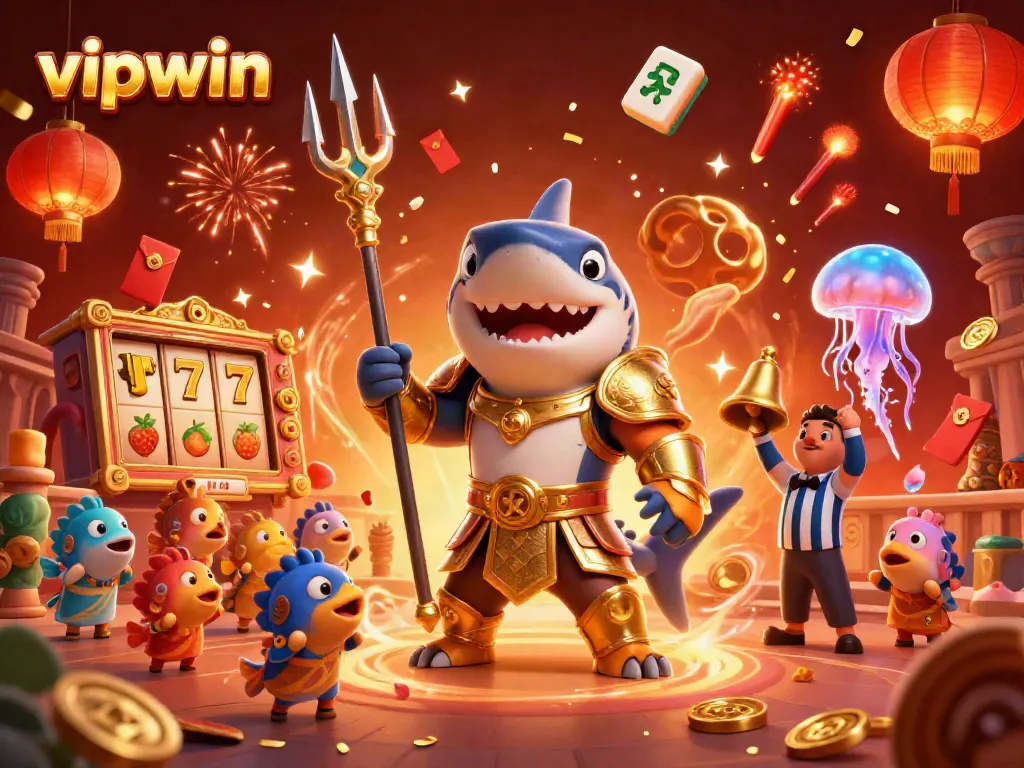 Engage in thrilling action with vipwin, showcasing a triumphant tiger shark in a casino-themed underwater colosseum.