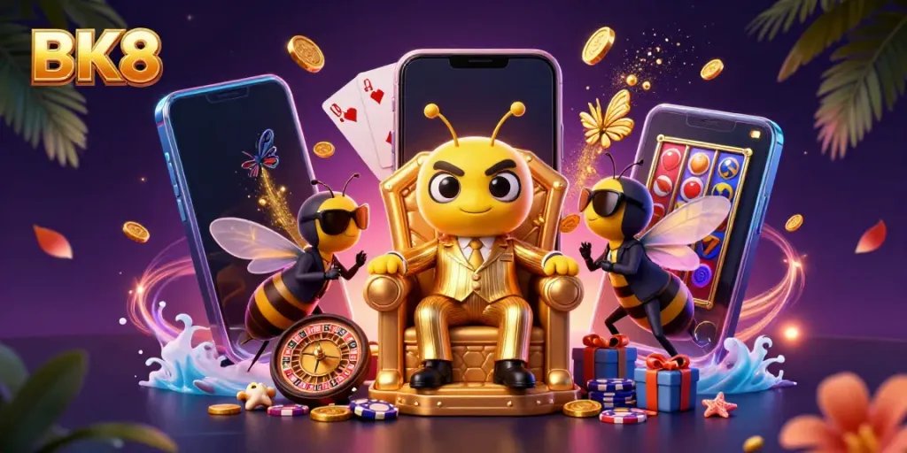 Experience the thrill of BK8 with vibrant slot games and captivating characters in a dazzling casino setting.