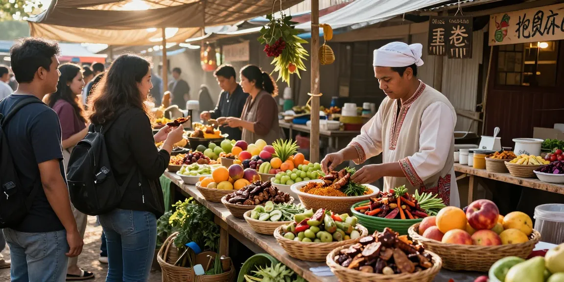 Delicious street food at outdoor market featuring various dishes including สล็อต.
