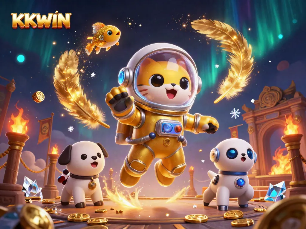 Win big with KKWIN's celestial themed casino illustration showcasing an astronaut cat and alien elements.