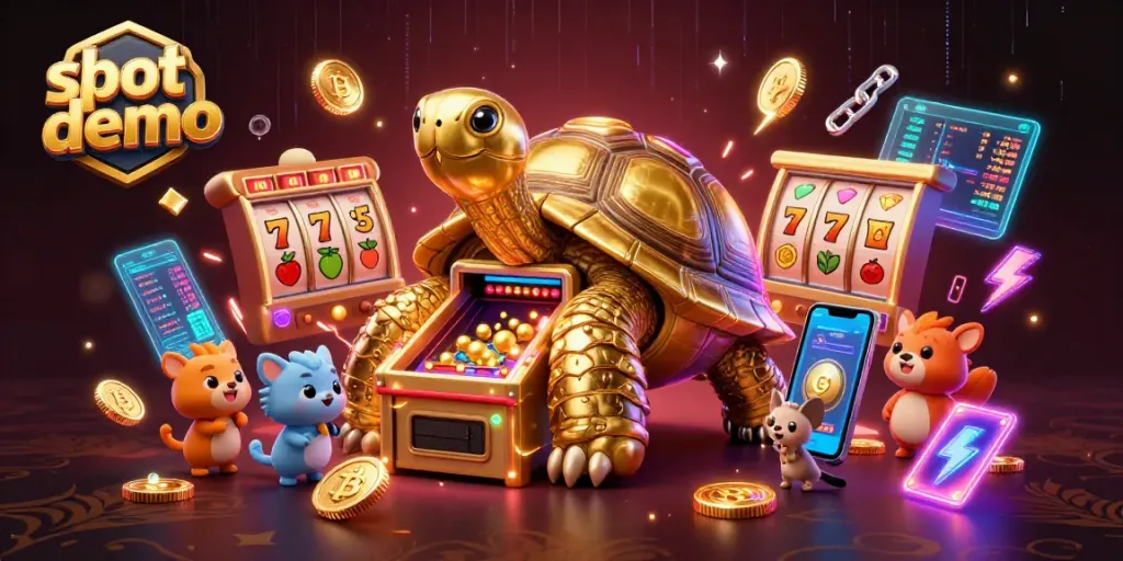 Mainkan slot demo dengan kura-kura emas dan simbol jackpot berdesakan di sekitarnya.