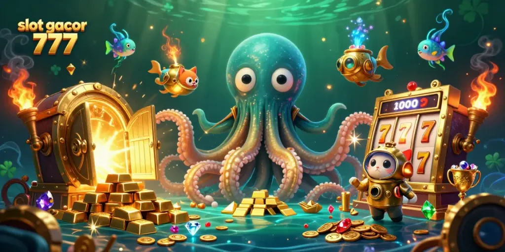 Menangkan slot gacor 777 dengan ilustrasi 3D kartun kolosal kraken dan elemen perhiasan.