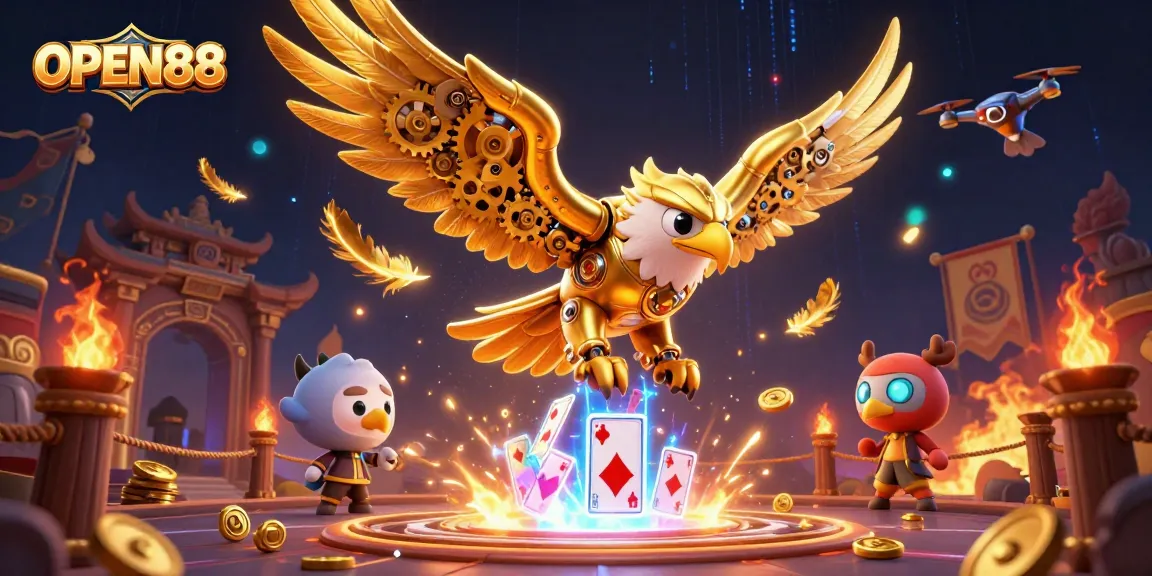 Engage in thrilling gaming adventures at OPEN88 with a dynamic scene of a golden eagle soaring through vibrant playing cards.