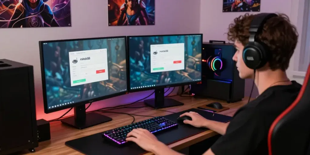 rokok88 login screen displayed on dual monitors in a vibrant gaming setup