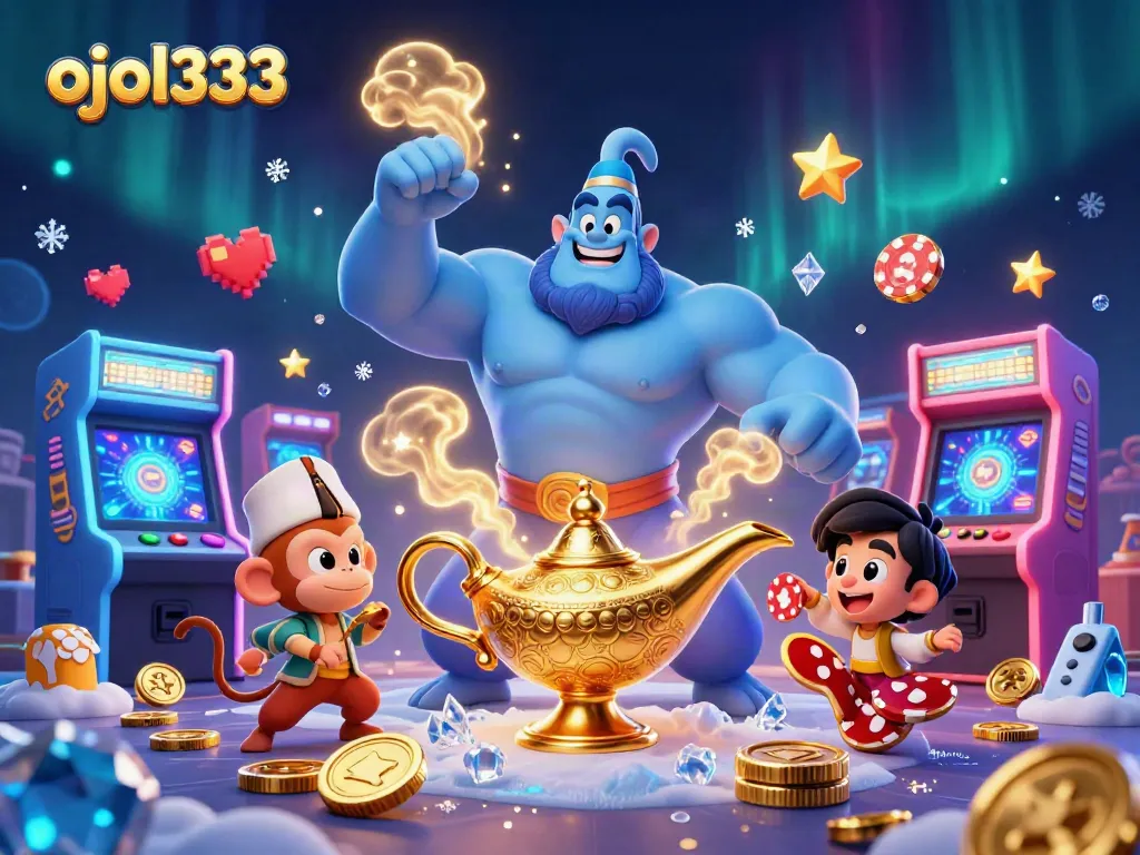 Engage with ojol333 as a magical genie unveils thrilling adventures in a vibrant, casino-themed world.