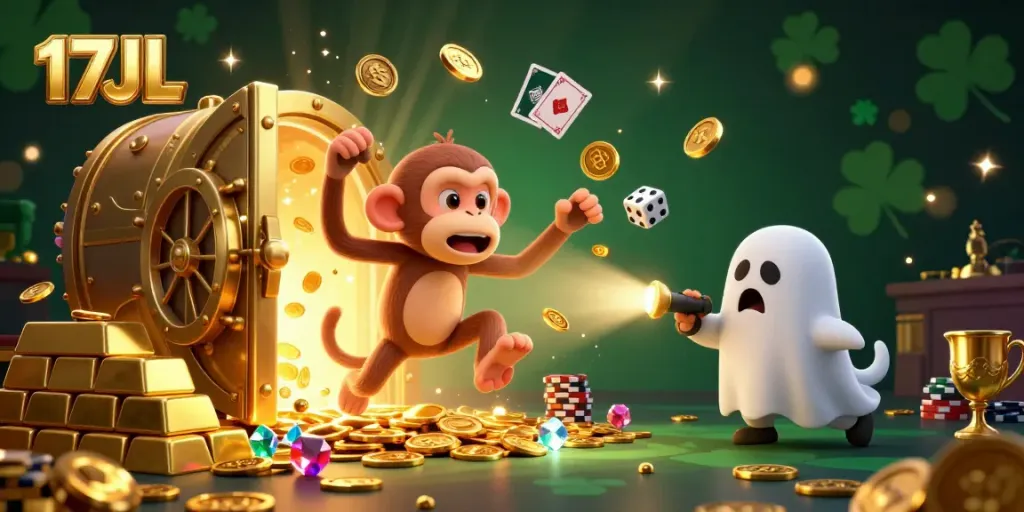 Engage with 17JL's lively casino world featuring a mischievous poltergeist monkey and ghost-hunter puppy.
