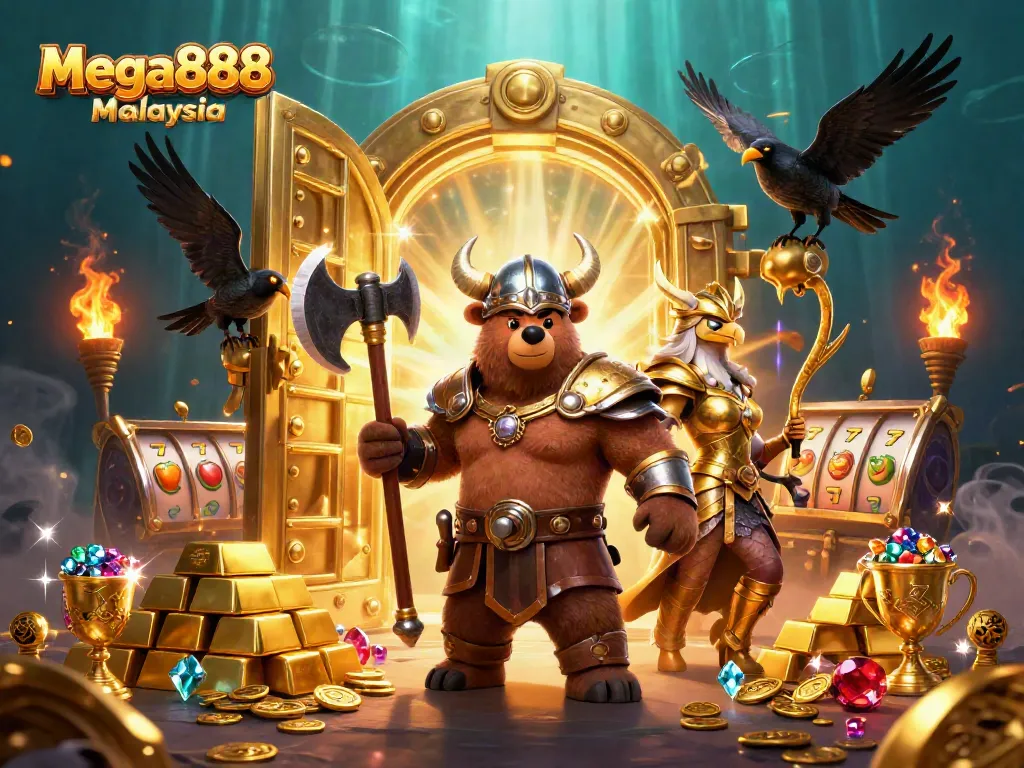 Engage with Mega888 Malaysia casino games in a vibrant 3D illustration featuring dynamic characters and elements.