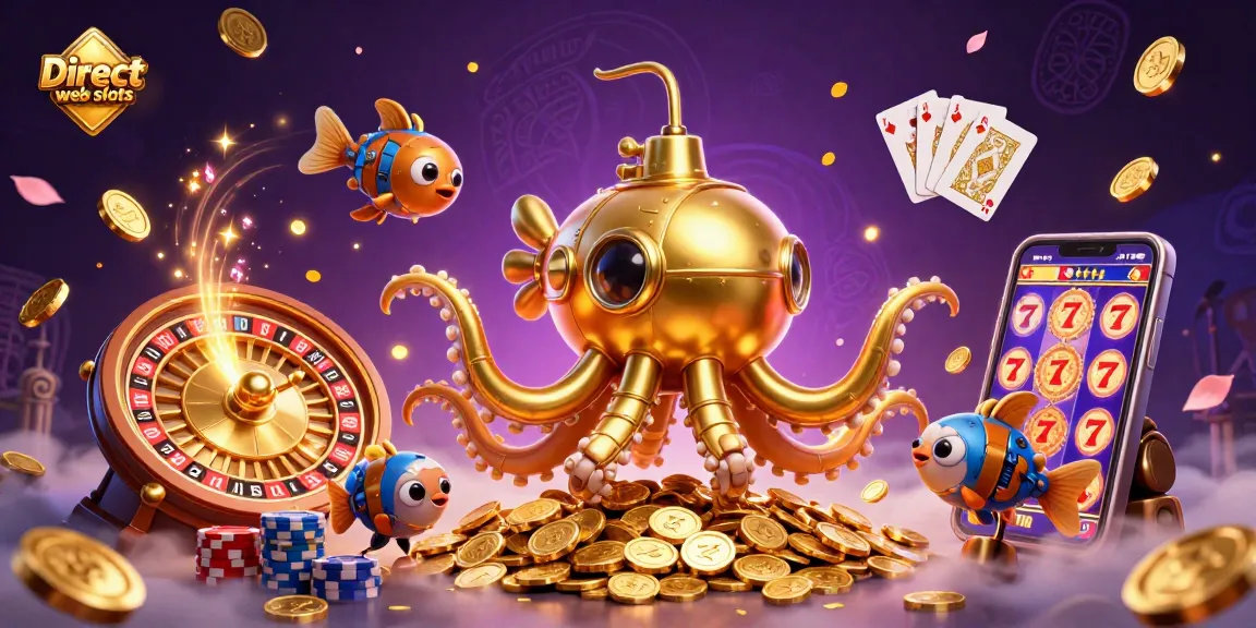 Engage with Direct web slots featuring a dynamic scene of a kraken submarine and colorful casino elements.
