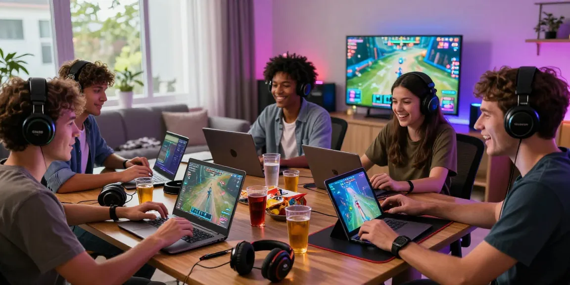 Aktivitas bermain game online di https://i-labo7.com/blog/477/ dengan pemain penuh semangat menggunakan berbagai perangkat di ruang modern.