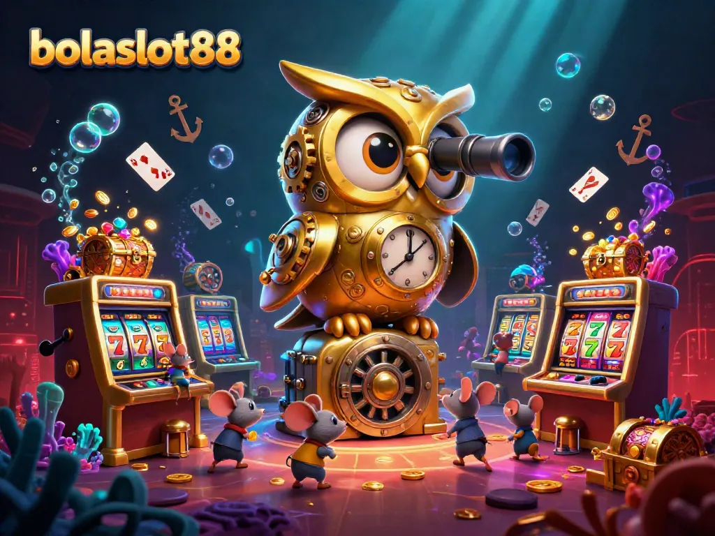 Engage with bolaslot88's exciting casino experience featuring a golden owl overseeing buzzing slot machines and treasures.