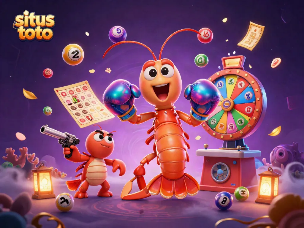 Situs toto energetic scene featuring cartoon mantis shrimp and lottery elements for online gaming.