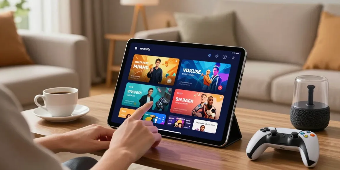 Pengguna menikmati platform hiburan digital Katsu5 dengan antarmuka interaktif dan fitur lengkap di ruang tamu nyaman.