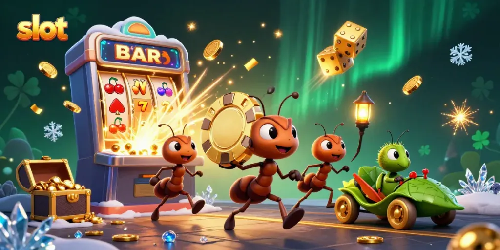 Slot menampilkan tim semut 3D yang mencuri chip poker emas dalam heist kasino dengan mesin slot besar.