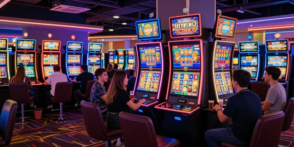 Engaged players enjoying ทดลองสล็อต at colorful casino slot machines.