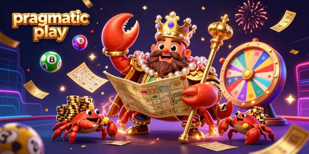 Enter the world of pragmatic play with a grand casino scene filled with dynamic lottery elements and a majestic crab emperor.