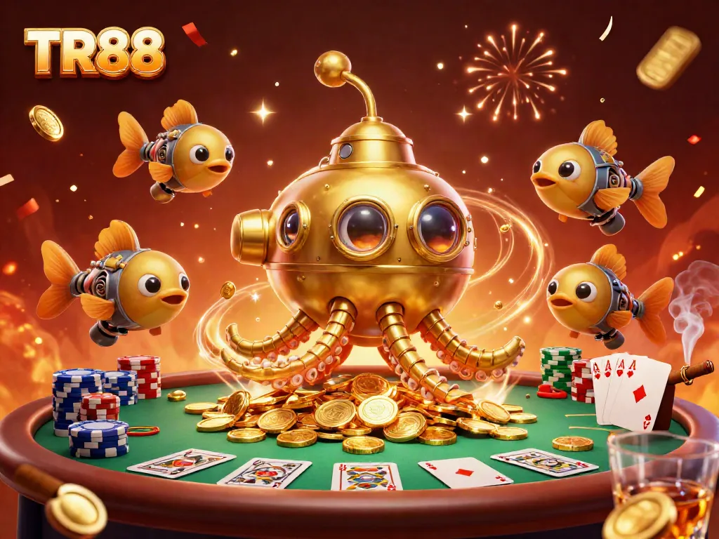 Engage with TR88 while enjoying thrilling poker action amidst golden coins and dynamic casino elements.