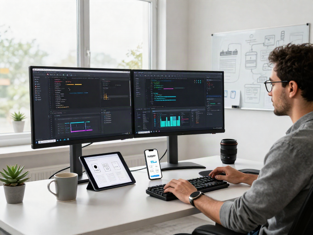 Developer working on ALO8APP WIN in a modern tech workspace with dual monitors.
