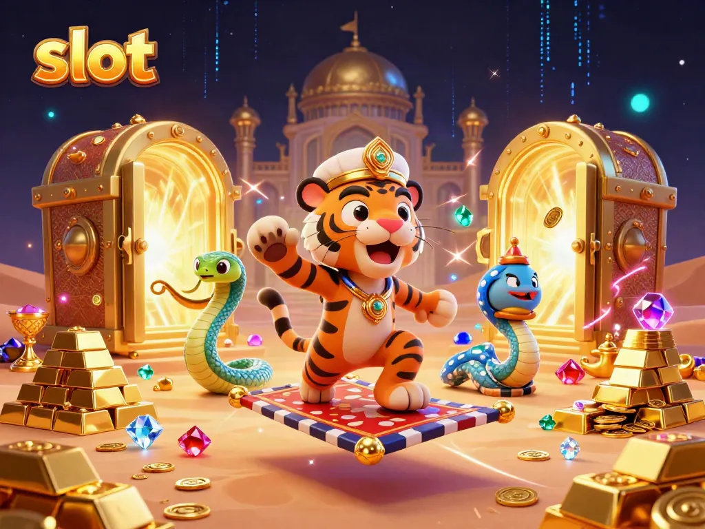 Experience the thrill of slot gaming with vibrant Arabian Nights-themed characters and treasures.