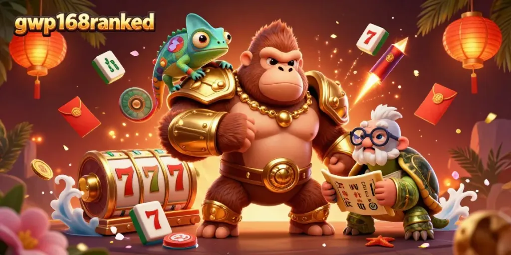 Gambarlah gwp168ranked yang menunjukkan raja gorila kuat dalam armor emas, slot reel, dan elemen judi lainnya.