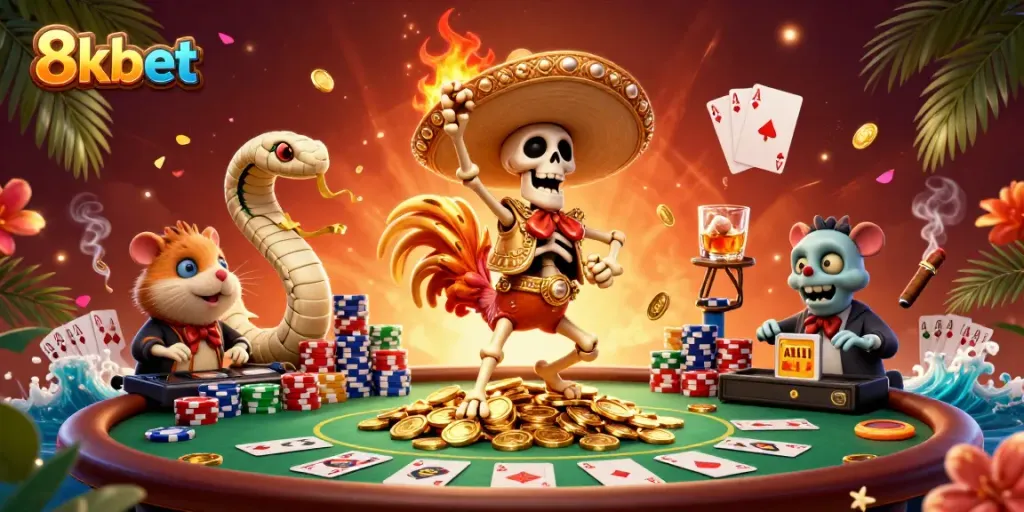 Engage with the dynamic 8kbet scene featuring a mariachi rooster, mummy snake, and DJ hamster surrounded by poker elements.