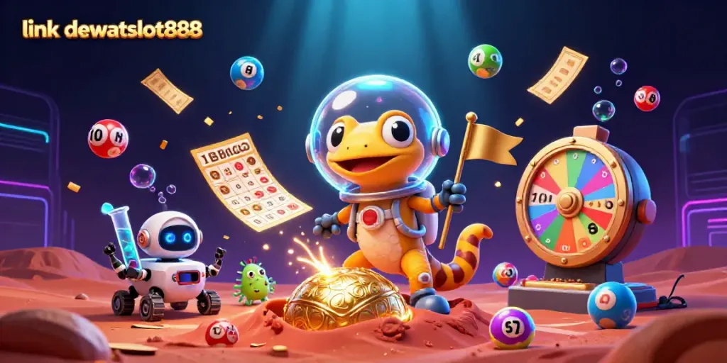 Link dewataslot888 mengungkap kasino emas di Mars dengan gecko Martian dan robot, penuh bola lotre berwarna.